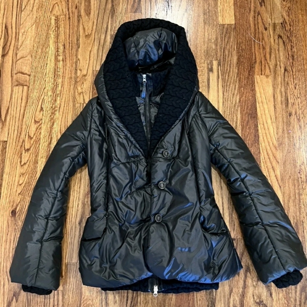 Mackage Women’s Puffer Hoodie Down Jacket Button Zip Cable Knit Black Size XS
